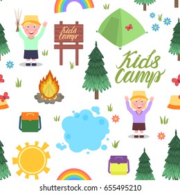Camping trip for children. Vector seamless pattern. Kids camp inscription. Tent, bonfire, girl and boy, trees, water, backpacks, sun, butterflies, flowers, wooden pointer. Isolated on white background