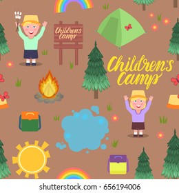 Camping trip for children. Vector seamless pattern. Children`s camp inscription. Tent, bonfire, girl and boy, trees, backpacks, sun, butterflies, flowers, wooden pointer. Isolated on brown background
