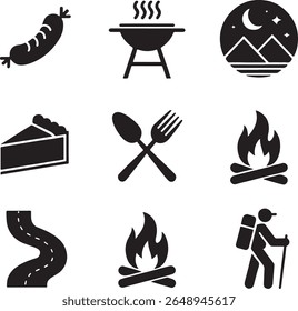 Camping Trip Essentials An Illustration of Food, Gear and Outdoor Elements Depicting Adventure and Relaxation