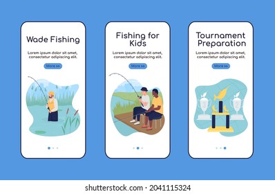 Camping trip with fishing onboarding mobile app screen flat vector template. Walkthrough website 3 steps with characters. Creative UX, UI, GUI smartphone cartoon interface, case prints set