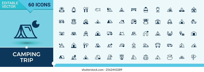 Camping Trip icon set. Includes icons for compass, van, vacation, holiday, activity, camp, canoe and more. Icons for UI. Editable vector outline and solid icons.