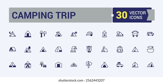 Camping Trip icon set. Related to tourism, knife, tour, vacation, tree, canoe and more. Simple line vector. Vector outline and solid icons collection.