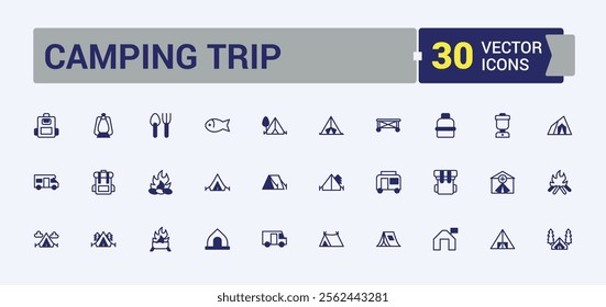 Camping Trip icon set. Related to tourism, knife, tour, vacation, tree, canoe and more. Simple line vector. Vector outline and solid icons collection.