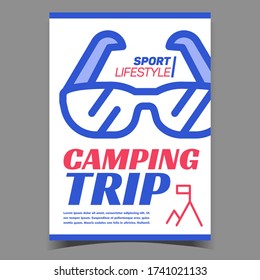 Camping Trip on Mountain Creative Poster Vector. Sonnenbrille alpinistische Ausrüstung und Bergspitze mit Fahne auf Camping-Werbebanner. Modell Sport Lifestyle Design Stilvolle farbenfrohe Illustration
