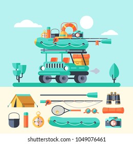 Camping. A trip out of town and car. Summer outdoor recreation. Stay in a tent, fishing, outdoor games. Mountain landscape. Vector illustration.