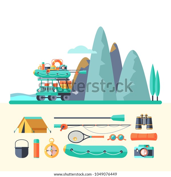 Camping. A trip out of town and car. Summer\
outdoor recreation. Stay in a tent, fishing, outdoor games.\
Mountain landscape. Vector\
illustration.