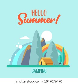 Camping. A trip out of town on nature.  Summer outdoor recreation. Stay in a tent, fishing, outdoor games. Mountain landscape. Vector illustration.