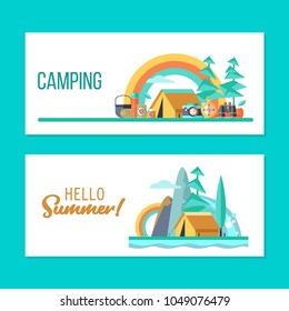 Camping. A trip out of town on nature.  Summer outdoor recreation. Stay in a tent, fishing, outdoor games. Mountain landscape. Vector illustration.