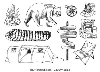 camping trip, outdoor adventure, hiking. Set of tourism equipment. engraved hand drawn in sketch, hand drawn style for label. bear and compass, pointer. backpack and tent