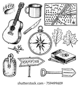 camping trip, outdoor adventure, hiking. Set of tourism equipment. engraved hand drawn in old sketch, vintage style for label. guitar and bear step, map and compass, water and matches, cup and pointer