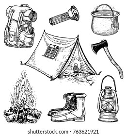 camping trip, outdoor adventure, hiking. Set of tourism equipment. engraved hand drawn in old sketch, vintage style for label. backpack and lantern, tent and saucepan, axe and boots, lantern and fire