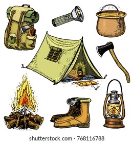 camping trip, outdoor adventure, hiking. Set of tourism equipment. engraved hand drawn in old sketch, vintage style for label. backpack and lantern, tent and saucepan, axe and boots, lantern and fire.