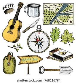 camping trip, outdoor adventure, hiking. Set of tourism equipment. engraved hand drawn in old sketch, vintage style for label. guitar and bear step, map and compass, water and matches, cup and pointer