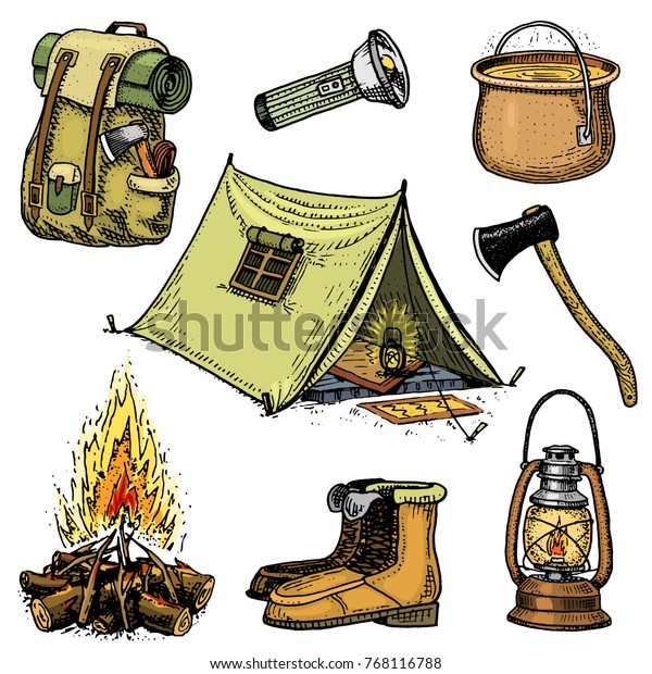 camping trip, outdoor adventure, hiking. Set of\
tourism equipment. engraved hand drawn in old sketch, vintage style\
for label. backpack and lantern, tent and saucepan, axe and boots,\
lantern and fire.