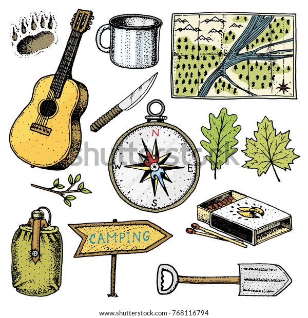 camping trip, outdoor adventure, hiking. Set of\
tourism equipment. engraved hand drawn in old sketch, vintage style\
for label. guitar and bear step, map and compass, water and\
matches, cup and\
pointer