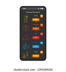 Camping trip planner smartphone interface vector template. Mobile travel app page layout. Hiking, road trip shop website. Campsite, routes finder screen. Caravanning application flat UI. Phone display