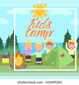 Camping trip seamless pattern. Inscription Kids Camp. A girl and boys greeting waving their hands and smiling. Forest background with a bonfire and a tent. Vector illustration.