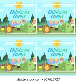 Camping trip seamless pattern. Inscription Children`s Camp. A girl and boys greeting waving their hands and smiling. Forest background with a bonfire and a tent. Vector illustration.
