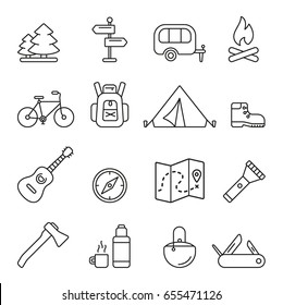 Camping trip: thin monochrome icon set, black and white kit
