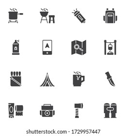 Camping trip vector icons set, modern solid symbol collection, filled style pictogram pack. Signs, logo illustration. Set includes icons as backpack, camping tent, navigation map, flashlight, knife