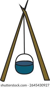 Camping Tripod Cooking Pot Vector Illustration with Hanging Kettle Over Fire – Outdoor Survival Camp Equipment Design