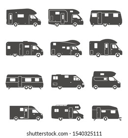 Camping trucks black glyph icons vector set. Various tourist buses, trailers silhouette symbols. Outdoor recreation, camping caravan, road trip. Recreational vehicles isolated illustrations
