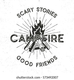 Camping t-shirt design. Hand drawn vintage label with texts, textured campfire and sunbursts design. Letterpress effect. Vector outdoors adventure illustration isolated. Hipster logotype..