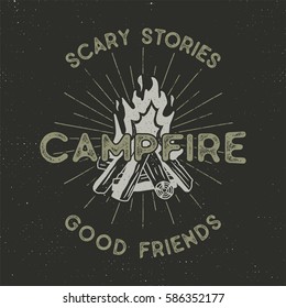 Camping t-shirt design. Hand drawn vintage label with texts, textured campfire and sunbursts design. Letterpress effect. Vector outdoors adventure illustration isolated on dark. Hipster logotype.