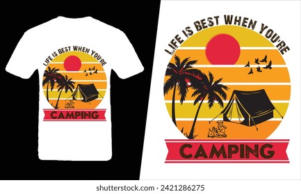 Diseño de camisetas de camping, impresión de camisetas de viaje, montaña de aventura, impresión de sublimación, diseño al aire libre, campamento de carpas en un bosque cerca de las montañas. Tandy Outdoor T-shirt Design.