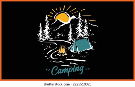 Camping T-shirt Line Art Design, Camping Vector, and Illustration Line Art Design.