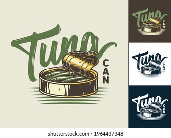 Camping tuna fish in tin can for outdoor travel expedition or t-shirt print, emblem. Set of camp