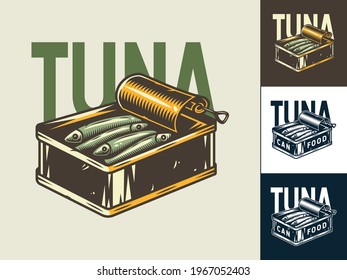 Camping tuna fish in tin can for outdoor travel expedition or t-shirt print, emblem. Set of camp