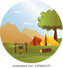Camping. Two tents against the backdrop of mountains. country rest with a fire and a bowler hat. Vector landscape drawing. For books and brochures, covers, web pages and social networks, flyers and