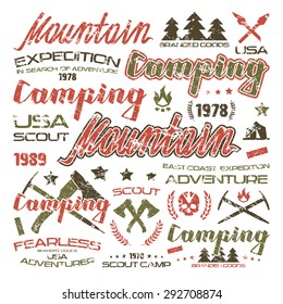 Camping typographic badges for t-shirt. Color print on white background