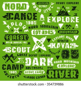 Camping typographic elements. Graphic design for t-shirt. Black and white print on green background