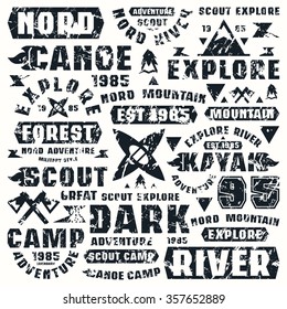 Camping typographic elements. Graphic design for t-shirt. Black print on white background