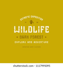 Camping typographic emblem with rough texture for t-shirt. Color print on green background