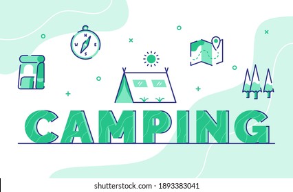 camping typography word art background of icon backpack compass tent map tree with outline style