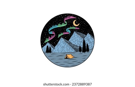 Acampada bajo la aurora ilustración vectorial a mano