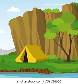 Camping Under the Cliff in Sunny Day Vector Illustration