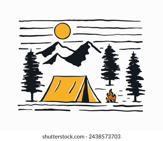 Camping under the mountain design for badge sticker graphic illustration vector art t-shirt design