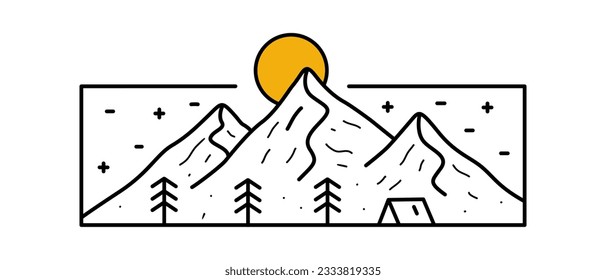 Camping under the mountain in mono line vector art illustration