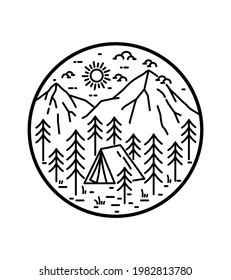 camping bajo las montañas en mono line art, placa de placa de placa gráfica, vectorial art diseño camiseta