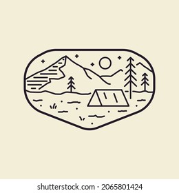camping under the mountains in mono line art ,badge patch pin graphic illustration, vector art t-shirt design