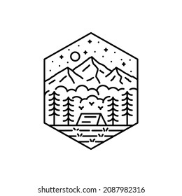 camping under the mountains in mono line art ,badge patch pin graphic illustration, vector art t-shirt design