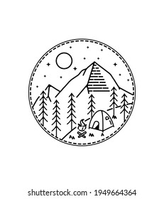 camping under the mountains (night) in mono line art ,badge patch pin graphic illustration, vector art t-shirt design