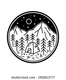 camping under the mountains (night) in mono line art ,badge patch pin graphic illustration, vector art t-shirt design