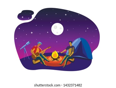 Camping under Open Night Sky Cartoon. Astronomy Science Hobby Illustration. Two Men Rest on Nature Sitting around Bonfire, Playing Guitar, Preparing Marshmallow on Fire Flat Vector. Holiday Vacation