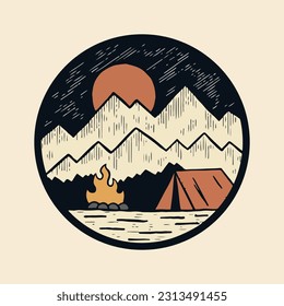 camping bajo estrella en el diseño nocturno para badge, sticker, parche, diseño de camisetas, etc