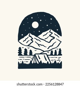 Camping under star and wild mountain hand drawing vector illustration